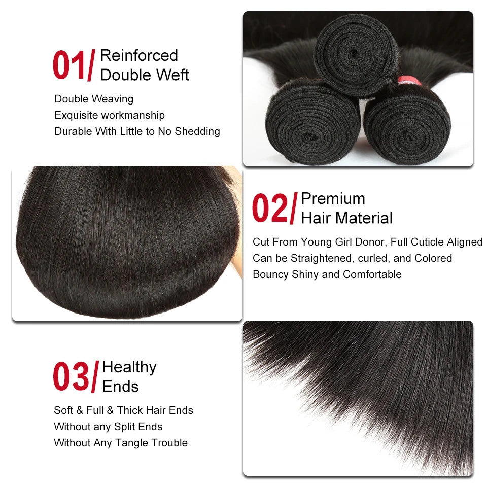 Brazilian Straight Human Hair Bundles – Remy Extensions 8"-30" Natural Black