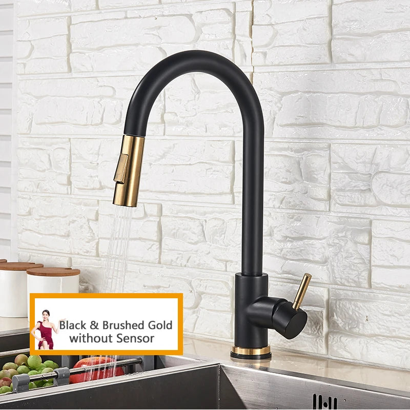 Rozin Smart Touch Kitchen Faucet Brushed Gold Pull Out Sensor Faucets Black/Nickel 360 Rotation Crane 2 Outlet Water Mixer Taps