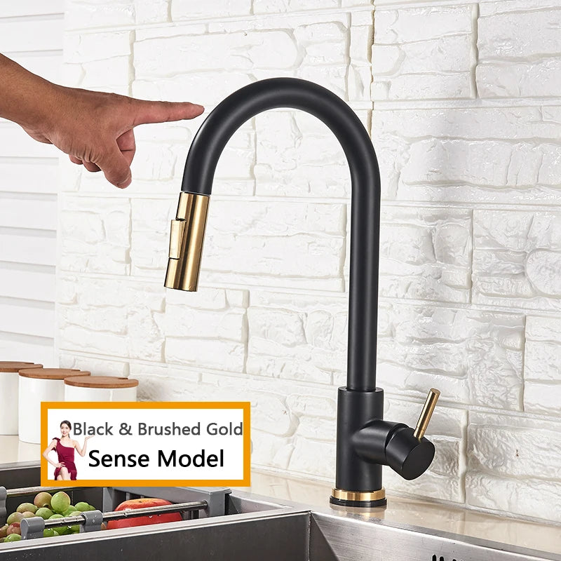 Rozin Smart Touch Kitchen Faucet Brushed Gold Pull Out Sensor Faucets Black/Nickel 360 Rotation Crane 2 Outlet Water Mixer Taps
