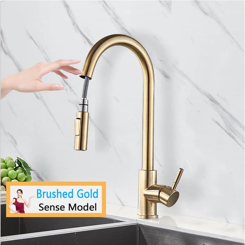 Rozin Smart Touch Kitchen Faucet Brushed Gold Pull Out Sensor Faucets Black/Nickel 360 Rotation Crane 2 Outlet Water Mixer Taps