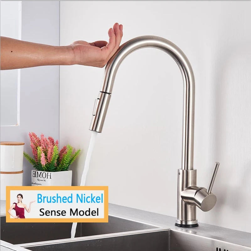 Rozin Smart Touch Kitchen Faucet Brushed Gold Pull Out Sensor Faucets Black/Nickel 360 Rotation Crane 2 Outlet Water Mixer Taps