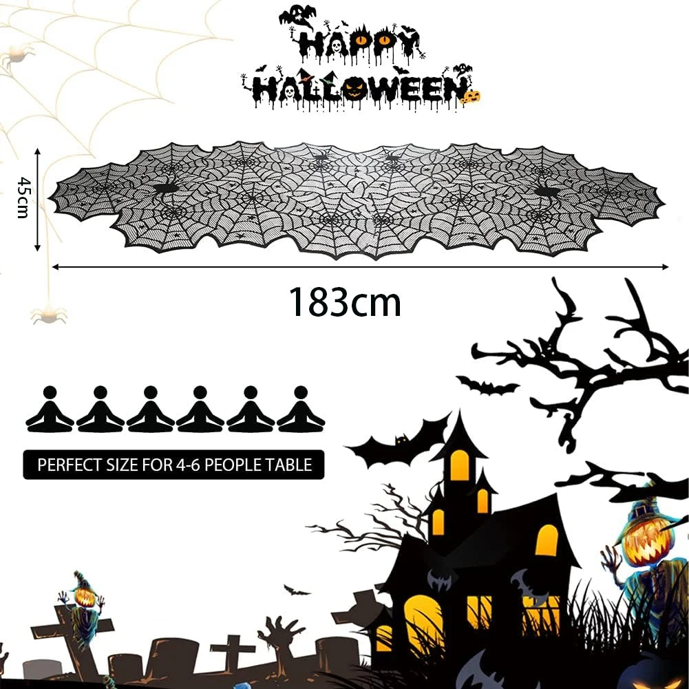 Halloween Black Lace Spider Web Table Runner – 45x183cm Party Decor