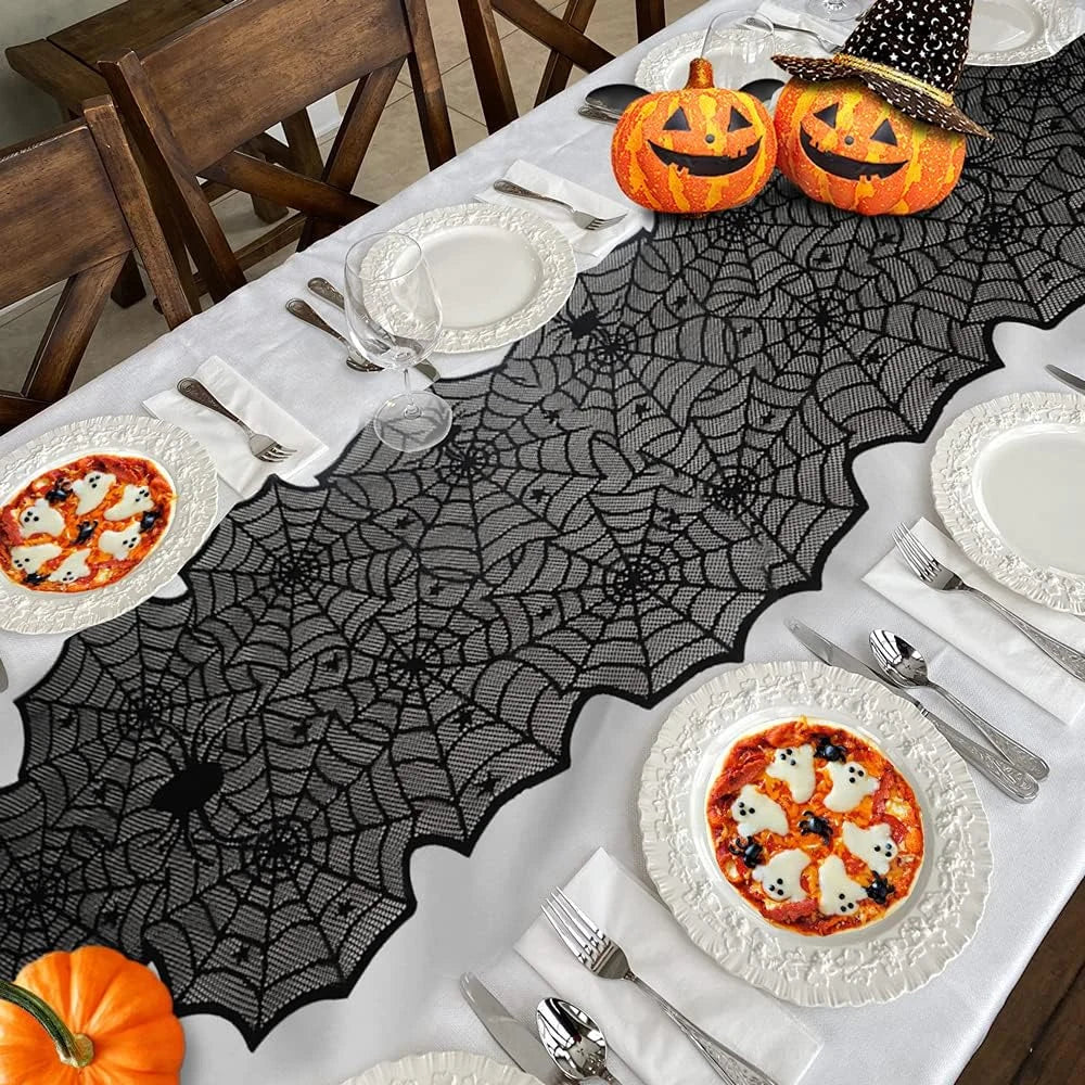 Halloween Black Lace Spider Web Table Runner – 45x183cm Party Decor