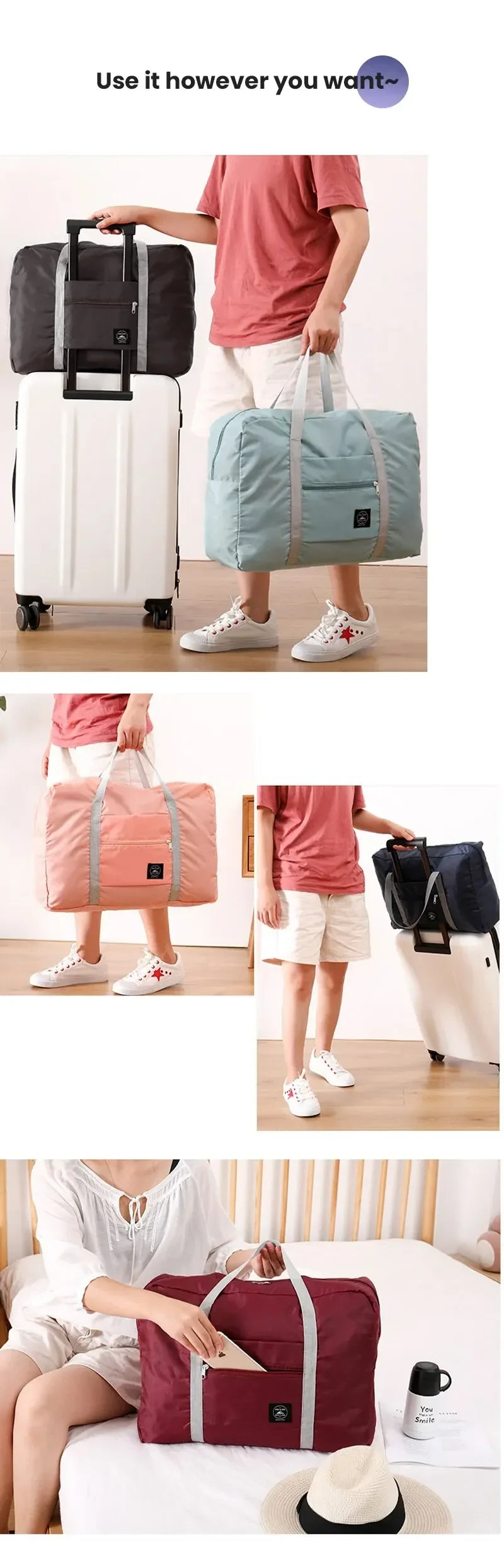 Foldable Travel Duffel Bag for Airlines Carry on Bag for Women and Girls Lightweight Large Capacity Sports Weekend Trip Overnigh