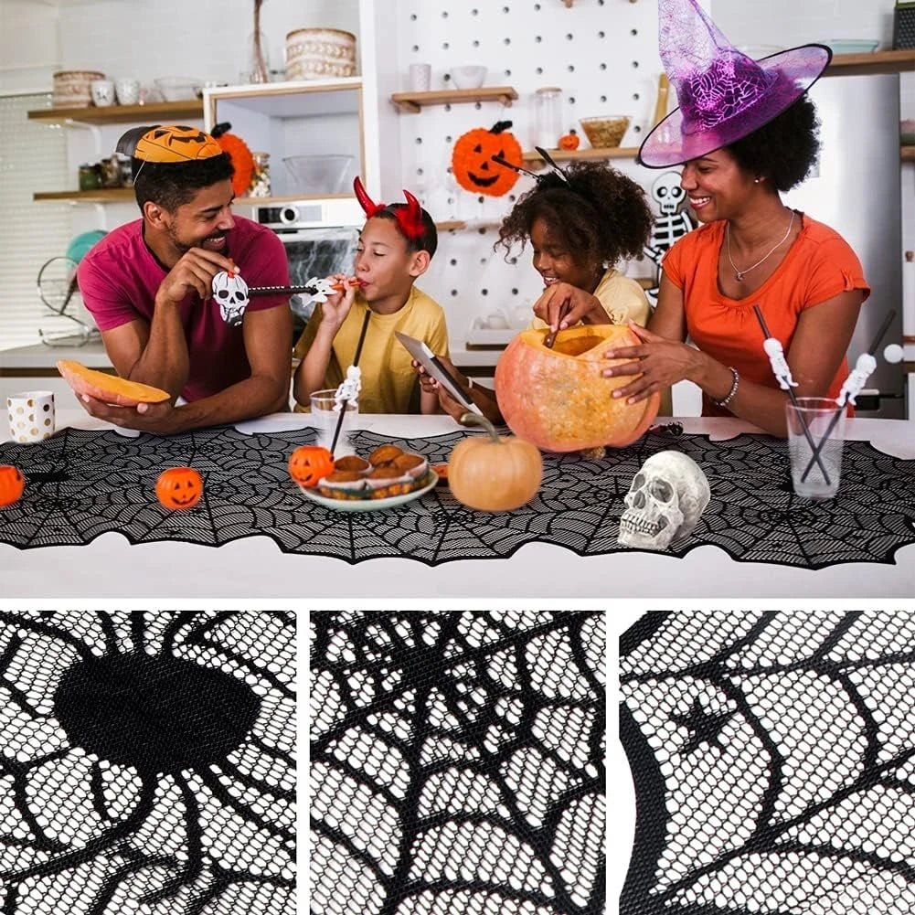 Halloween Black Lace Spider Web Table Runner – 45x183cm Party Decor