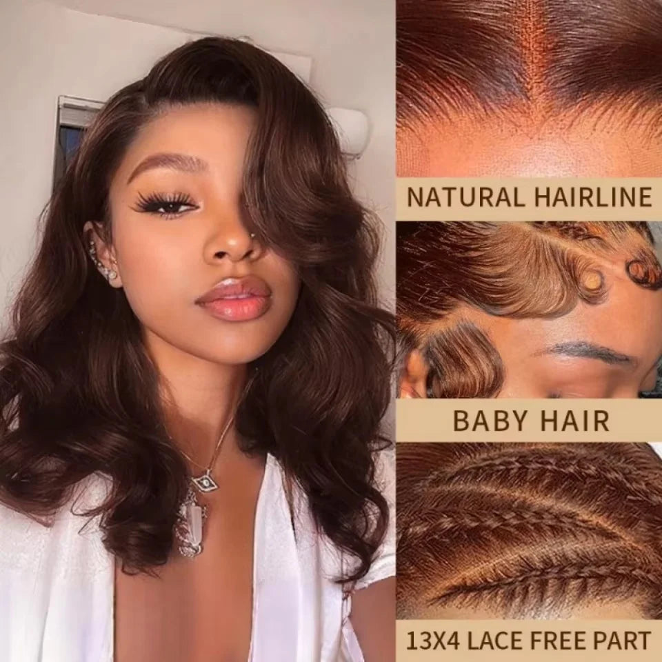 Chocolate Brown 13x4 Body Wave Bob Wig Human Hair Wigs 200 Density #4 Brown Blunt Cut Short Bob Lace Front Wigs Human Hair Short Bob Glueless Wigs for Women