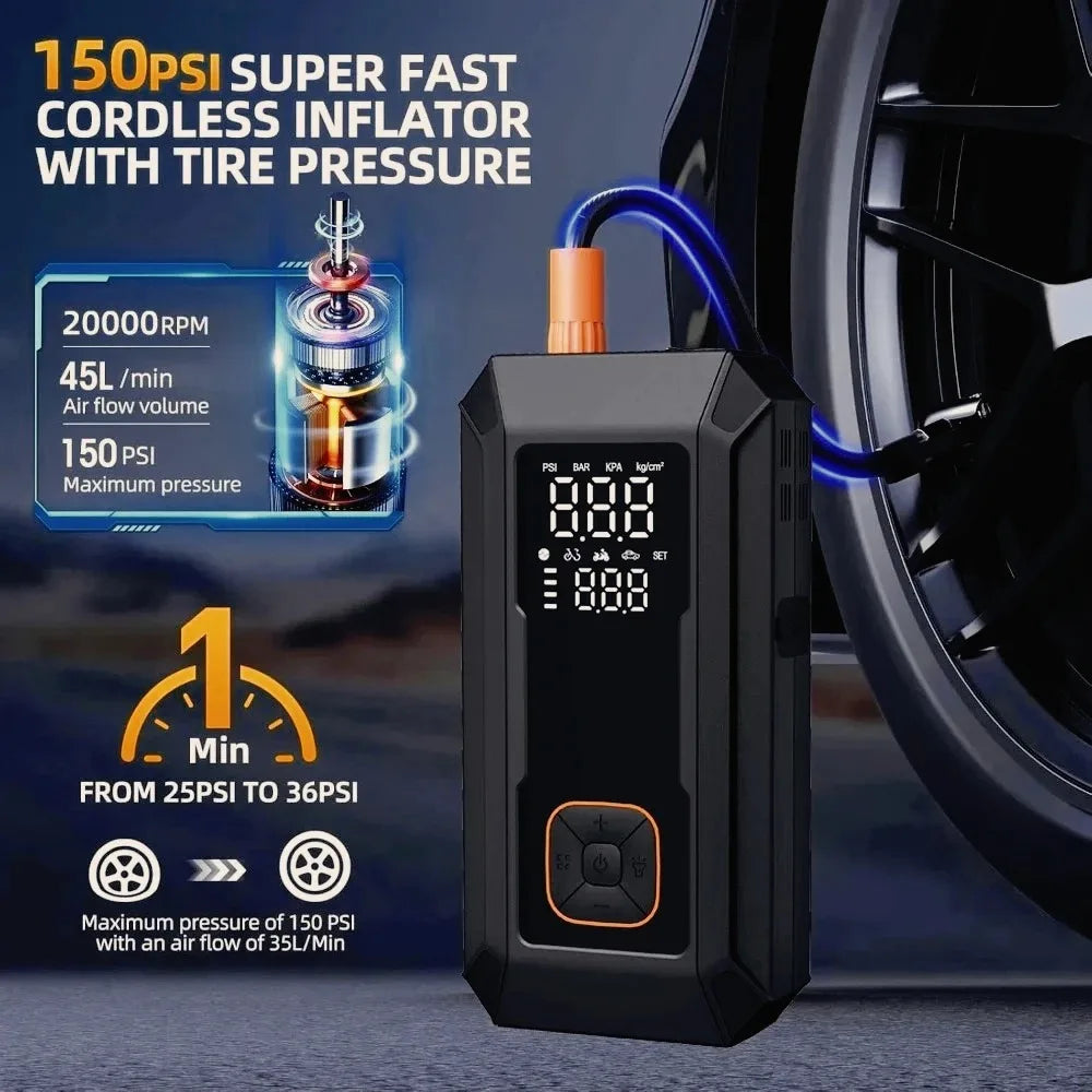 Car Jump Starter with Air Pump 4000A Jump Starter &150PSI Air Compressor, Portable Auto Power Banlk ,Tire Inflator, LED Light