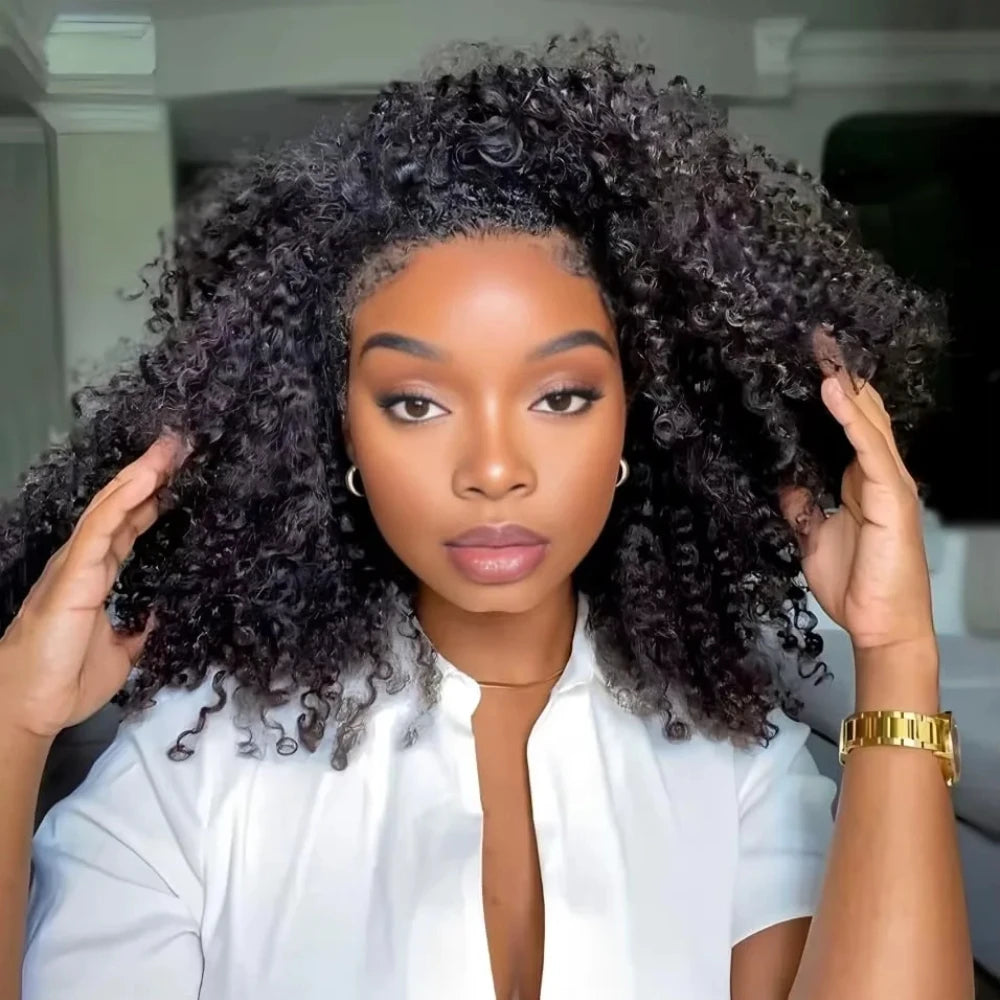 Half Wig 200% Density Remy Hair Headband Wig Drawstring No Leave Out Curly 32 Inches Human Hair Wigs Upgrade Machine Clip 3 In 1 Half Wigs For Women