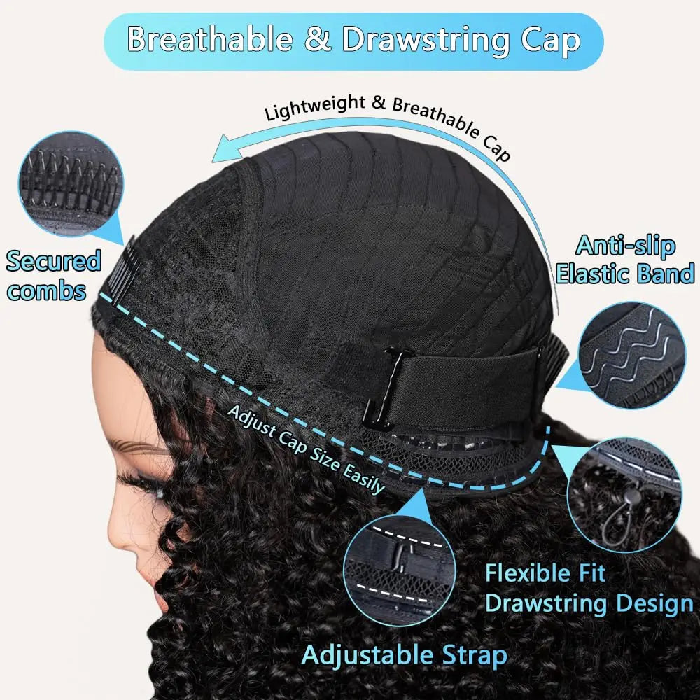 Half Wig 200% Density Remy Hair Headband Wig Drawstring No Leave Out Curly 32 Inches Human Hair Wigs Upgrade Machine Clip 3 In 1 Half Wigs For Women