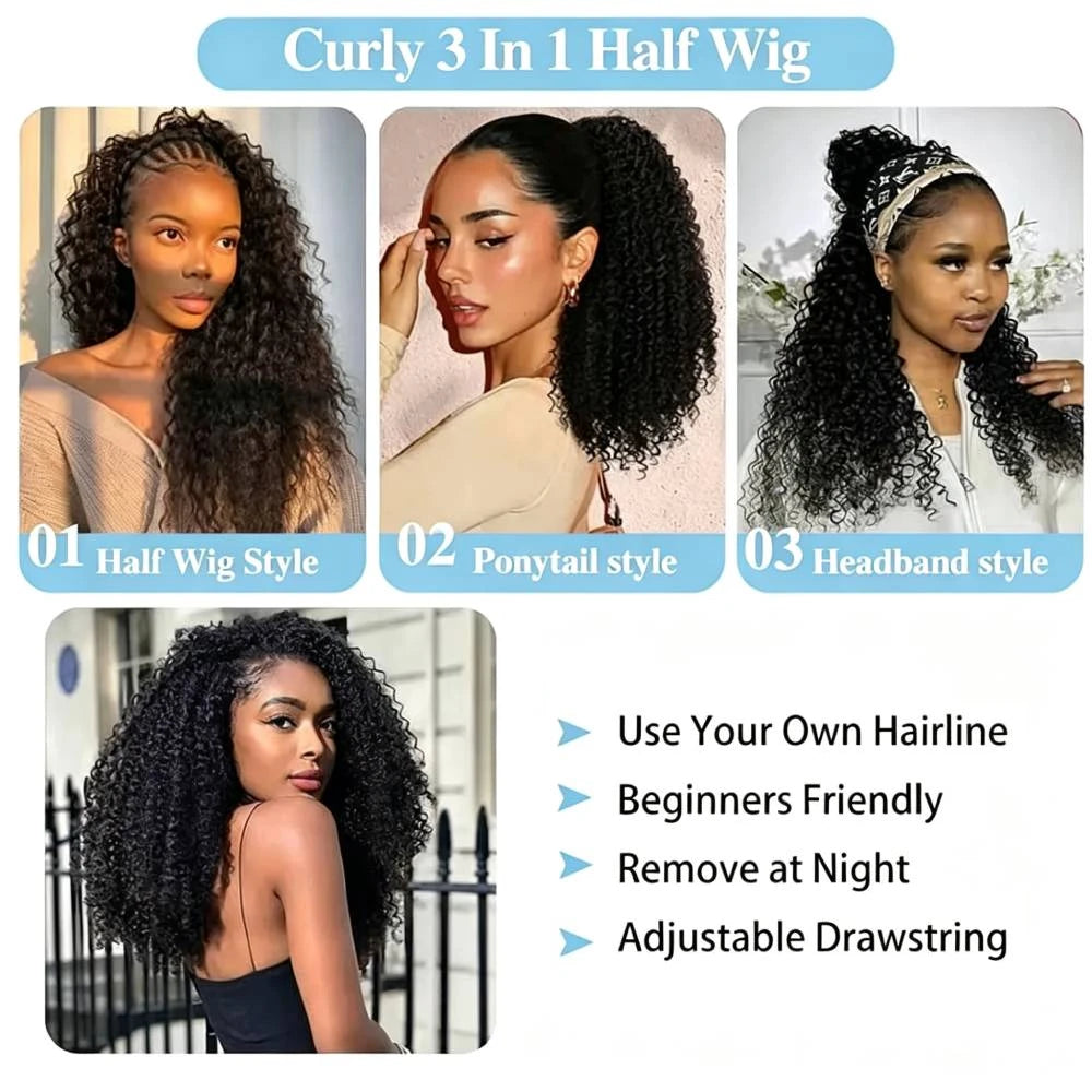 Half Wig 200% Density Remy Hair Headband Wig Drawstring No Leave Out Curly 32 Inches Human Hair Wigs Upgrade Machine Clip 3 In 1 Half Wigs For Women