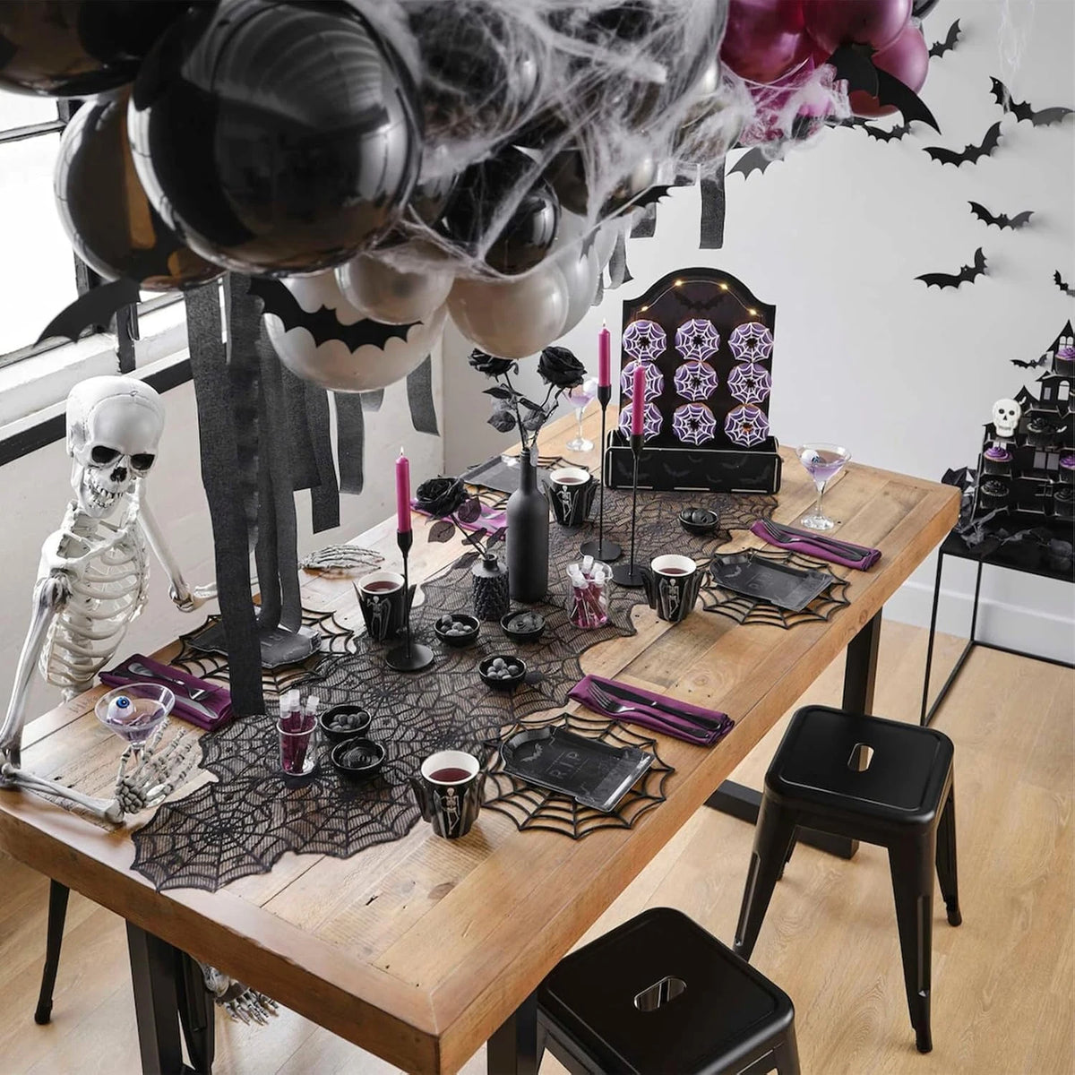 Halloween Black Lace Spider Web Table Runner – 45x183cm Party Decor