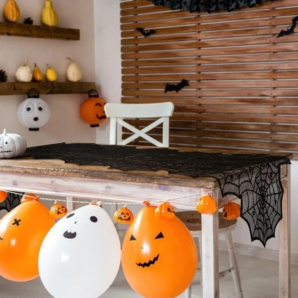 Halloween Black Lace Spider Web Table Runner – 45x183cm Party Decor