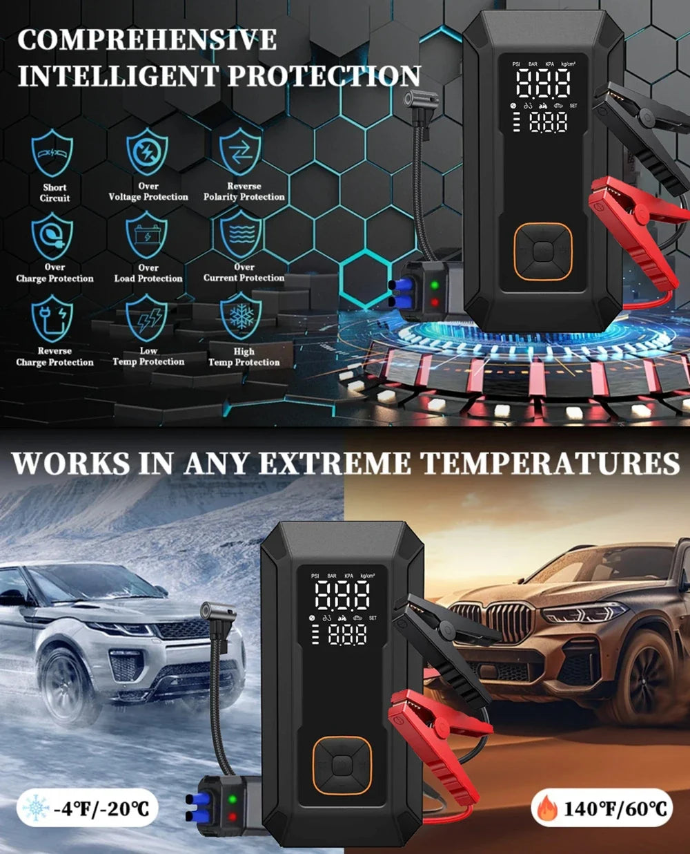 Car Jump Starter with Air Pump 4000A Jump Starter &150PSI Air Compressor, Portable Auto Power Banlk ,Tire Inflator, LED Light