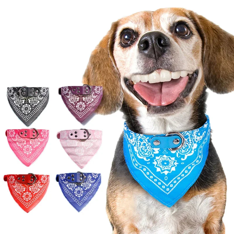 Adjustable Leather Dog Bandana Collar – Printed Scarf Neckerchief for Small Dogs S-XXL