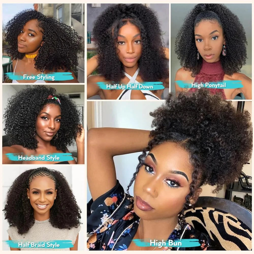 Half Wig 200% Density Remy Hair Headband Wig Drawstring No Leave Out Curly 32 Inches Human Hair Wigs Upgrade Machine Clip 3 In 1 Half Wigs For Women